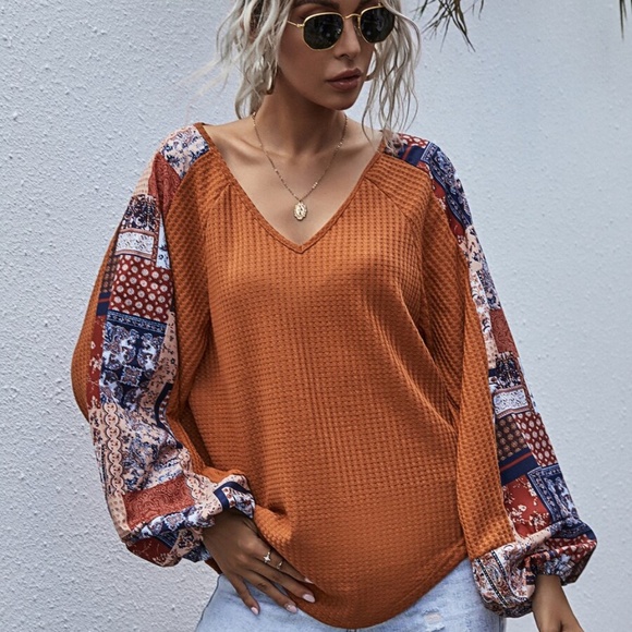 brown  v neck wide sleep waffle long sleeve top - Picture 14 of 16